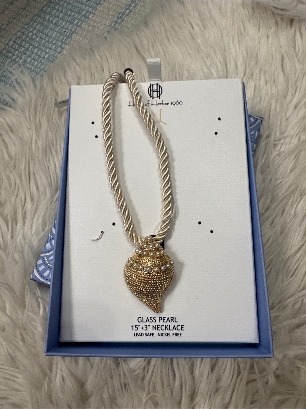 House of Harlow 1960 Gold Glass Pearl Pendant on Cream Rope